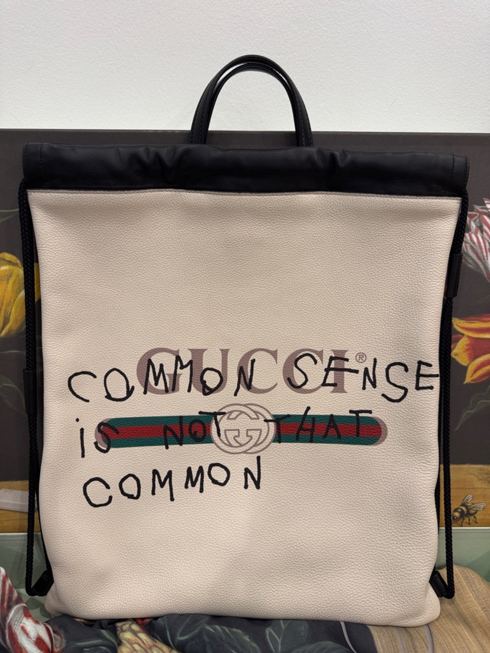 Gucci “Common Sense Is Not That Common” Leather Handbag & Backpack Full Set New